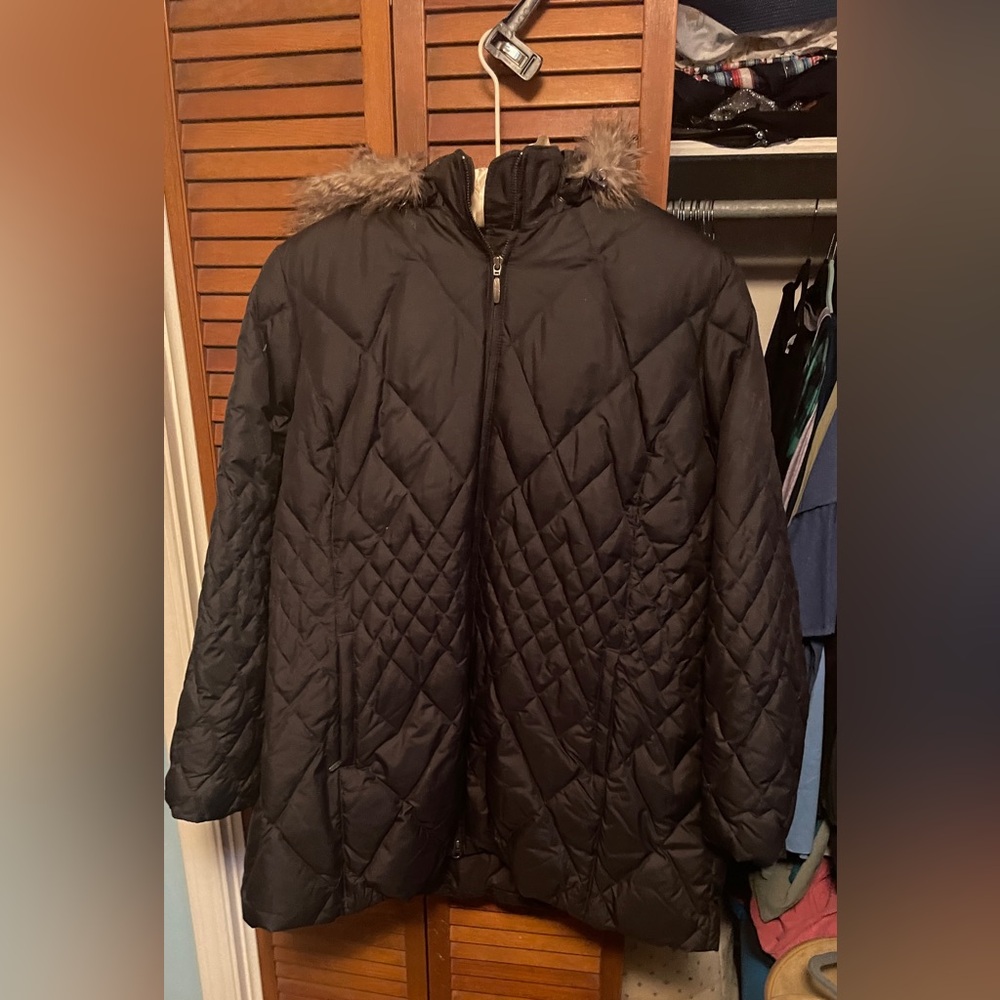 Eddie Bauer Women's Black Puffer Coat with Fur Trim